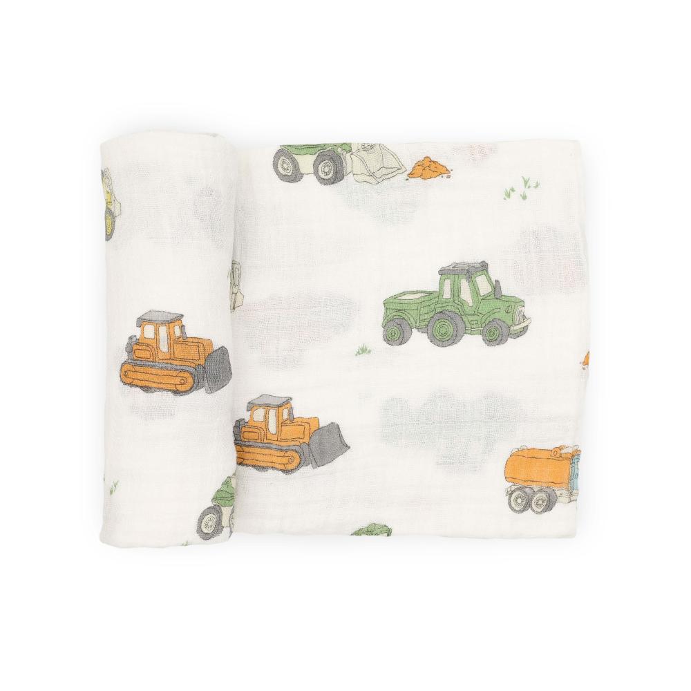 Single Cotton Muslin Swaddle - Work Trucks | Little Unicorn