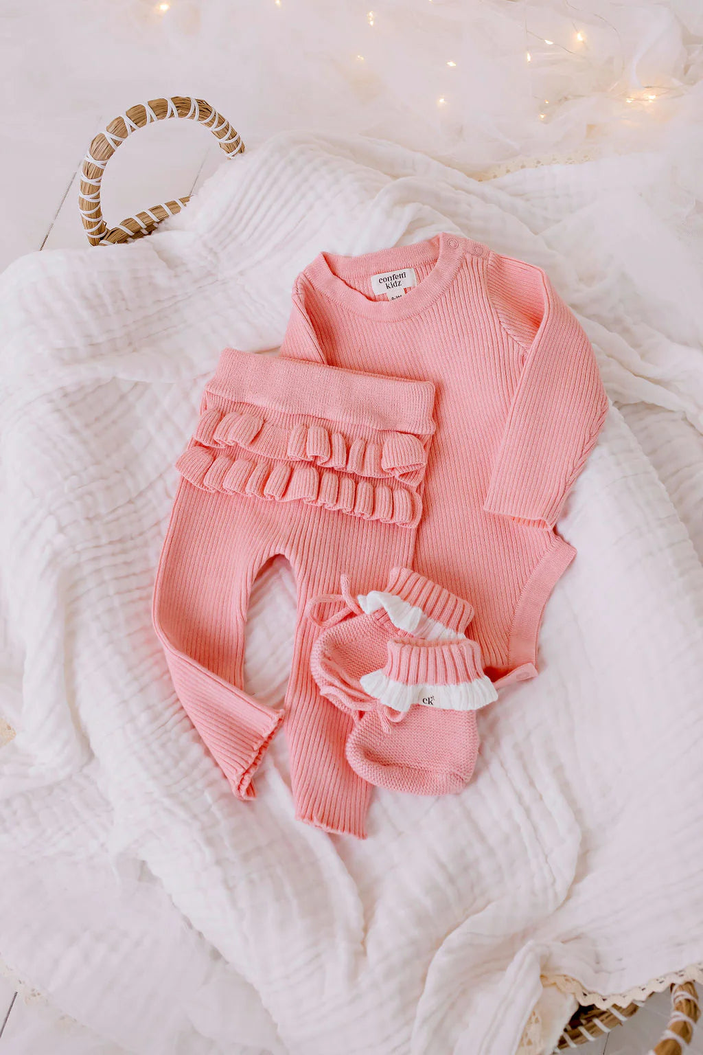 Frilly Ribbed Knit Bodysuit || Peach | Confetti Kidz