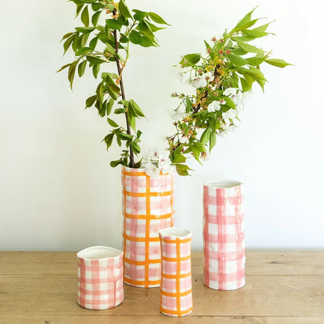 Ceramic Vase - Small - Pink & Orange Gingham | Noss & Co