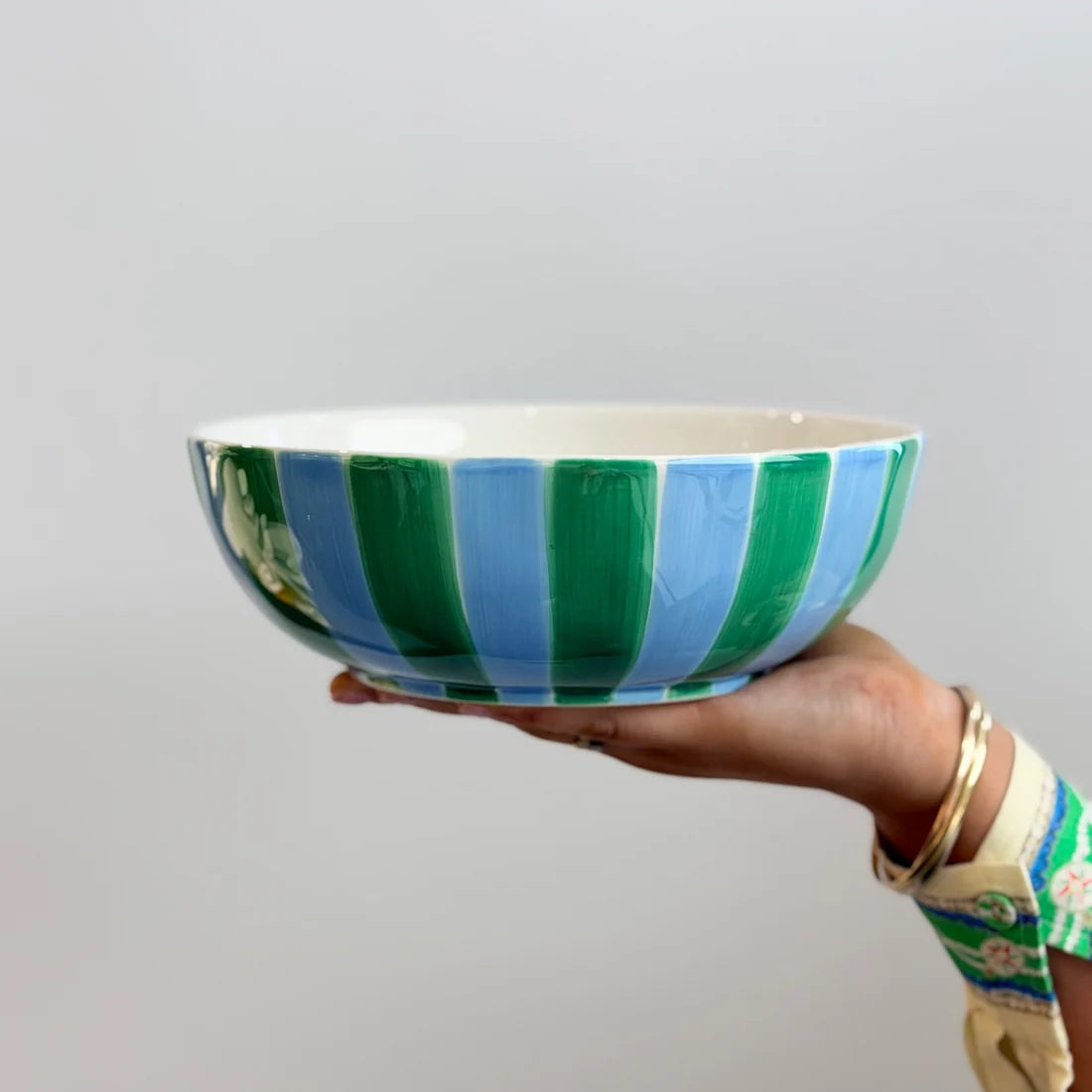 Ceramic Salad Bowl - Green & Cornflower Blue Stripe | Noss & Co