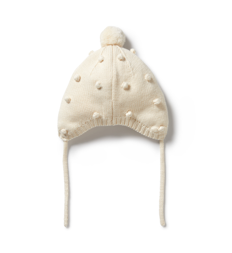 Ecru Knitted Bonnet - Caramel Pom Poms | Wilson + Frenchy