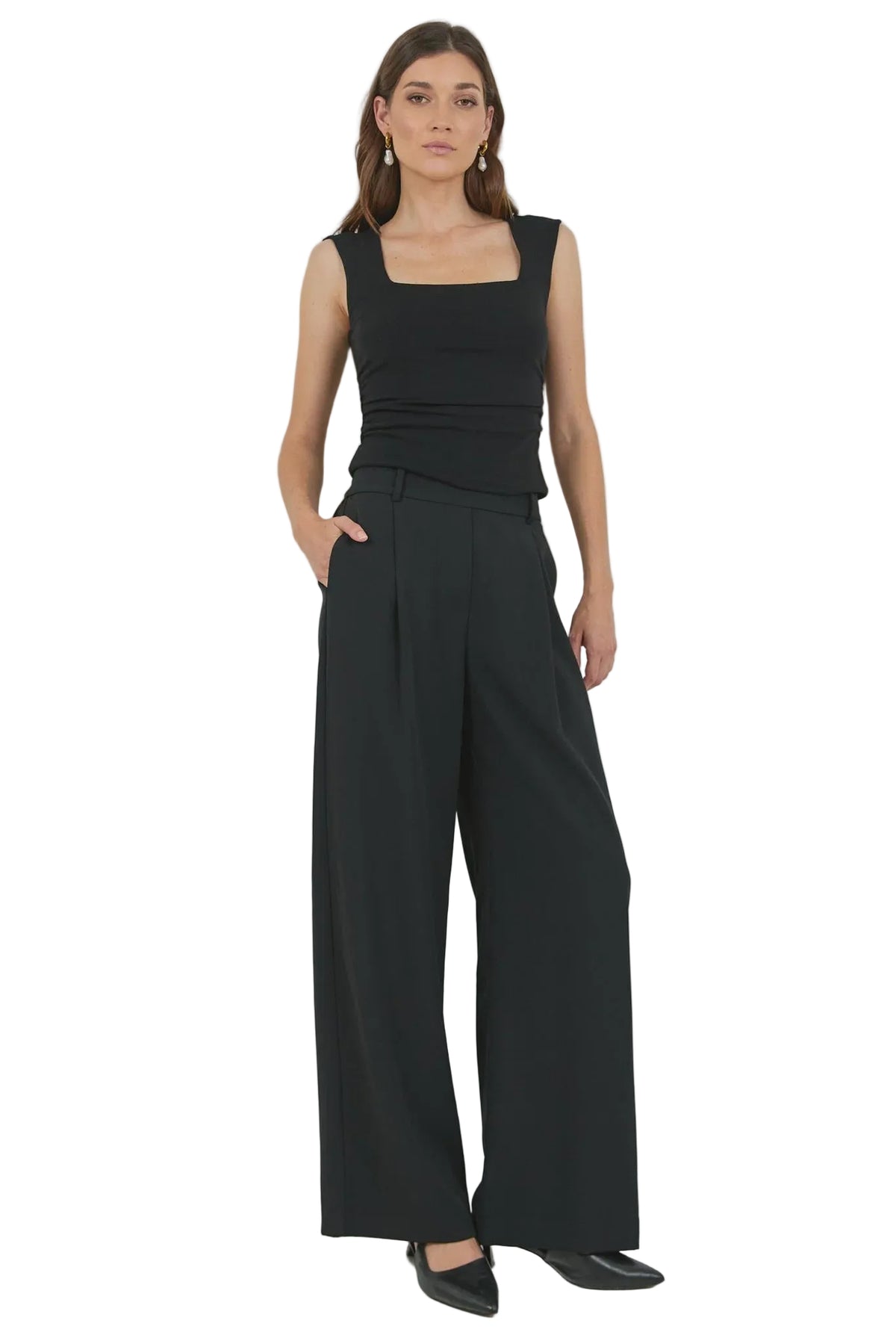 Business Black Wide Leg Pleat Front Pants | Among The Brave