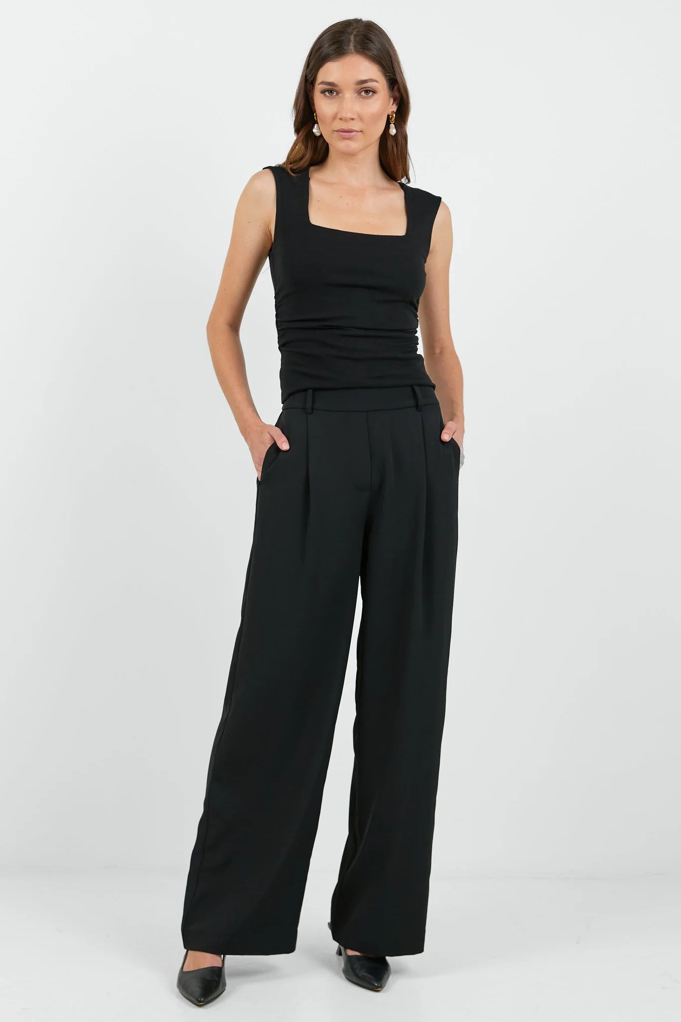 Business Black Wide Leg Pleat Front Pants | Among The Brave