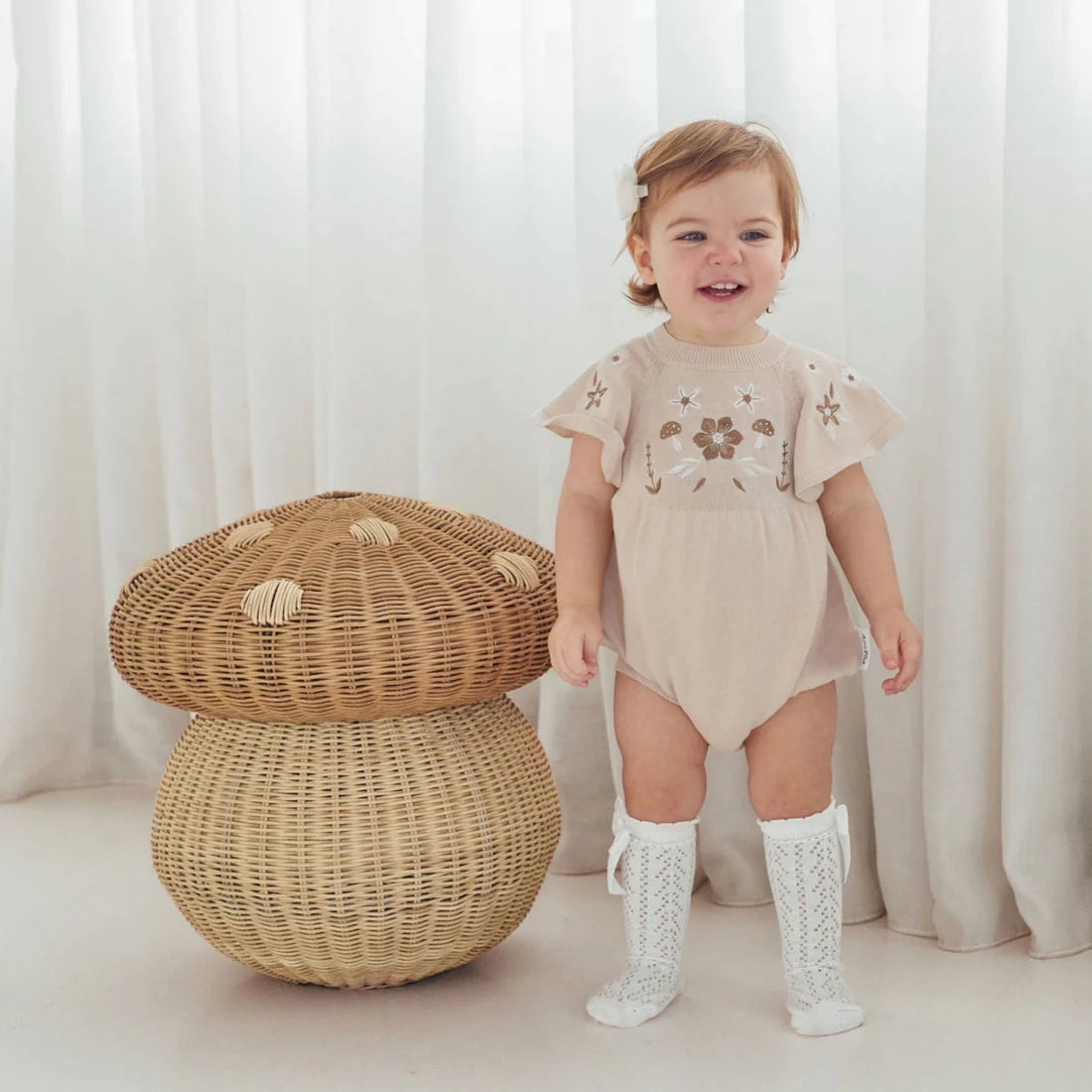 FLORAL EMBROIDERED OAT KNIT ROMPER || Sand | Aster & Oak