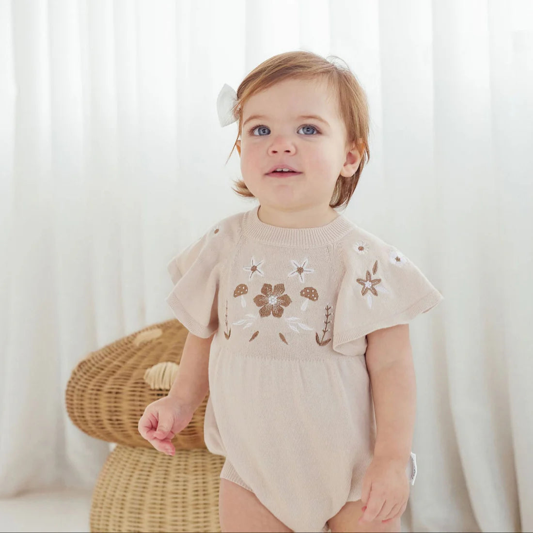 FLORAL EMBROIDERED OAT KNIT ROMPER || Sand | Aster & Oak