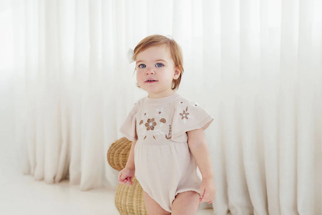 FLORAL EMBROIDERED OAT KNIT ROMPER || Sand | Aster & Oak