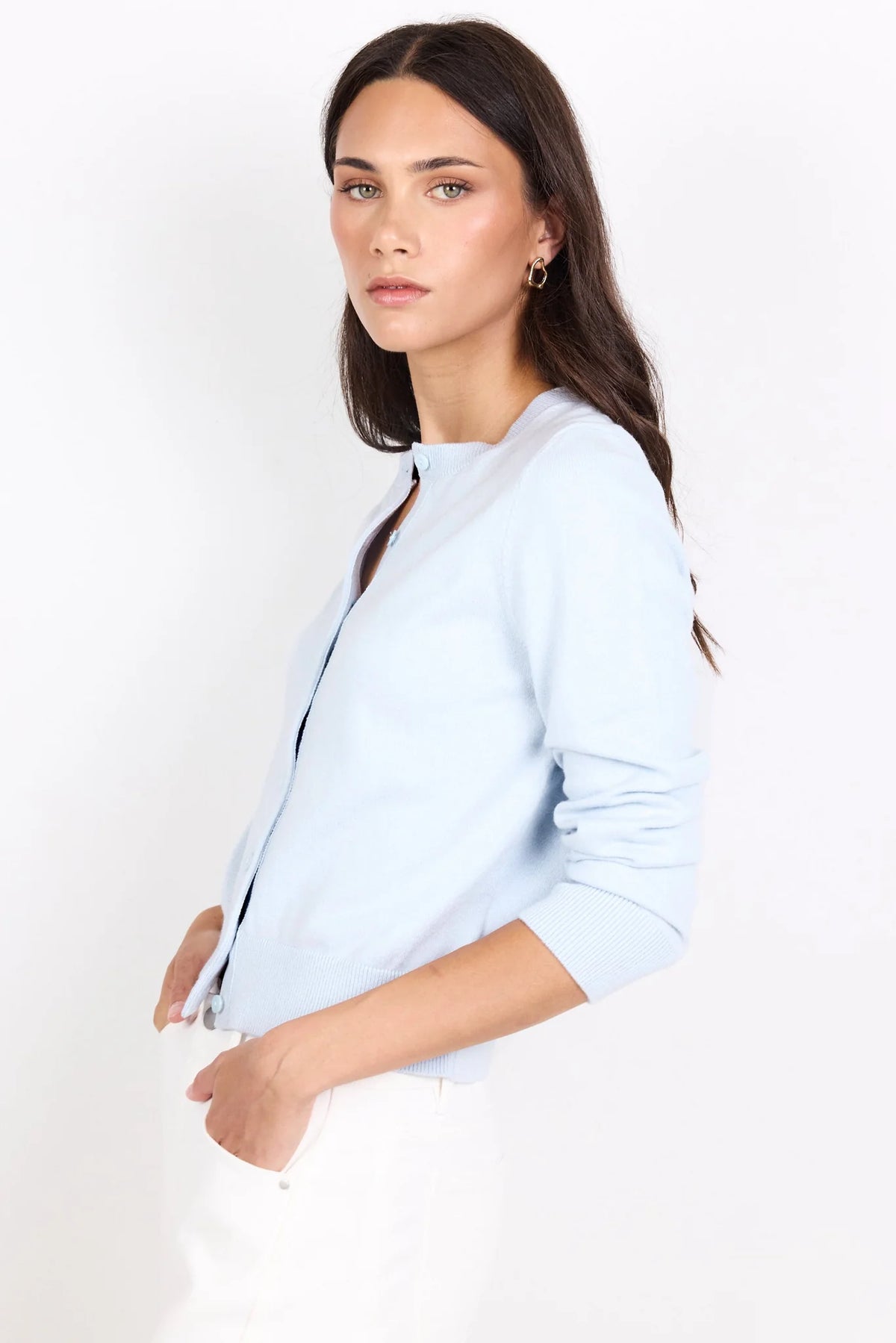 Autograph Ice Blue Soft Fine Gauge Crewneck Cardigan | Stories Be Told