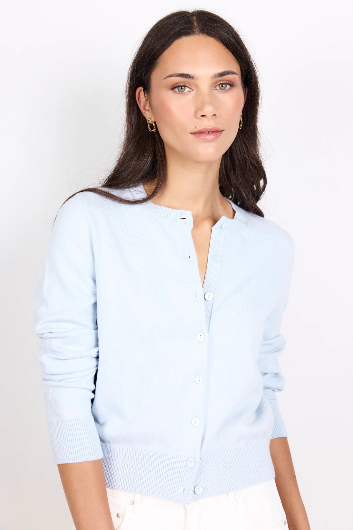Autograph Ice Blue Soft Fine Gauge Crewneck Cardigan | Stories Be Told
