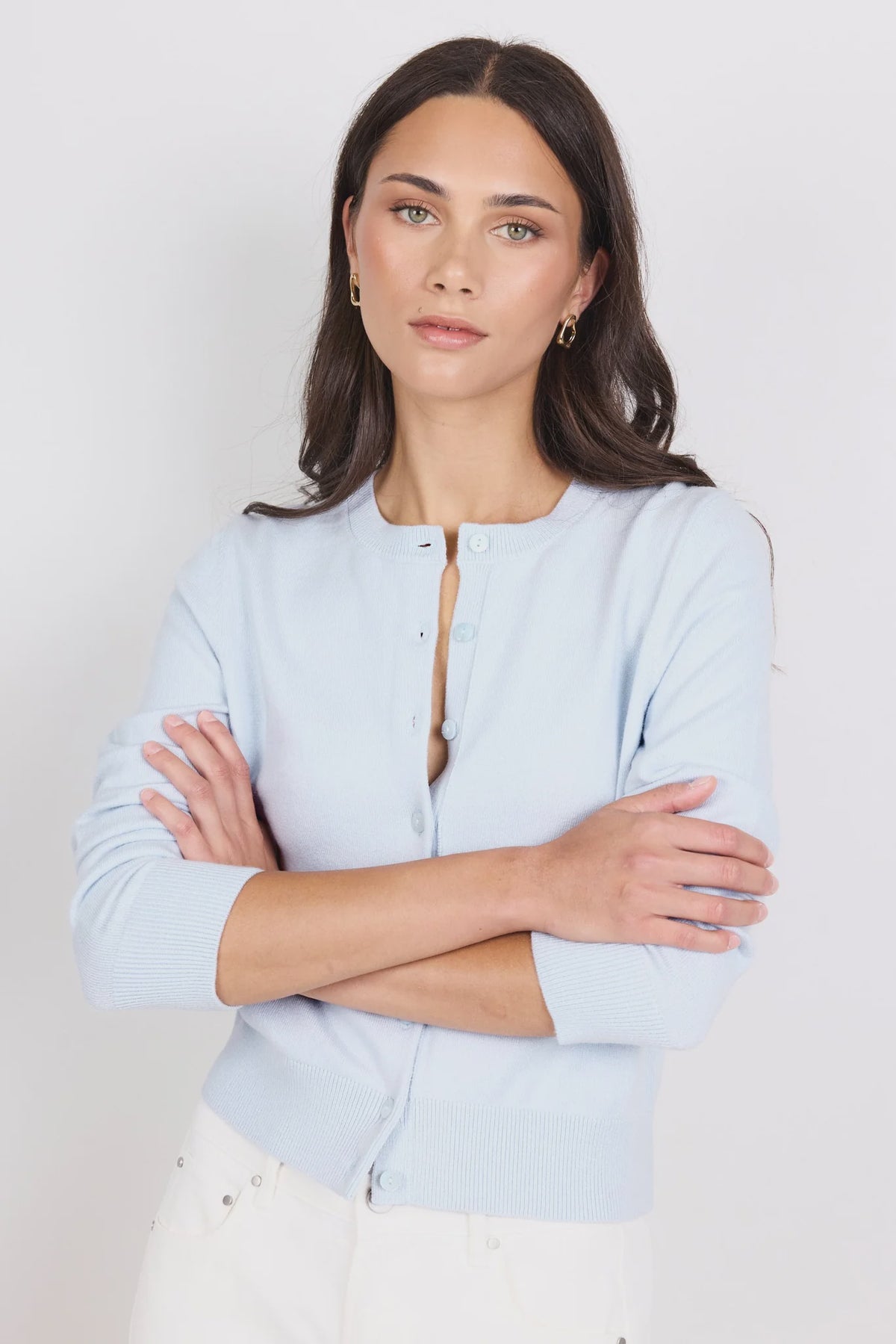 Autograph Ice Blue Soft Fine Gauge Crewneck Cardigan | Stories Be Told