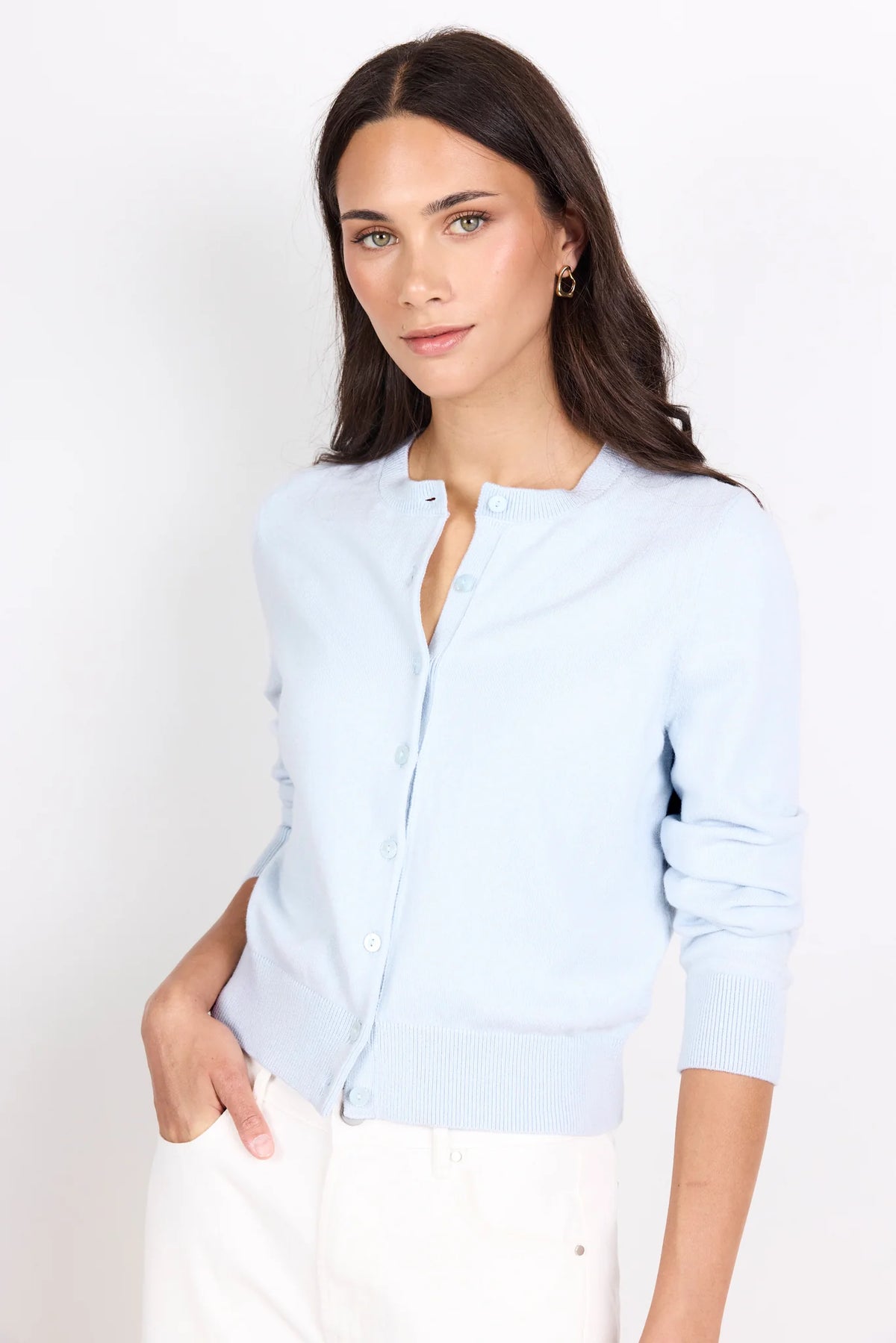 Autograph Ice Blue Soft Fine Gauge Crewneck Cardigan | Stories Be Told