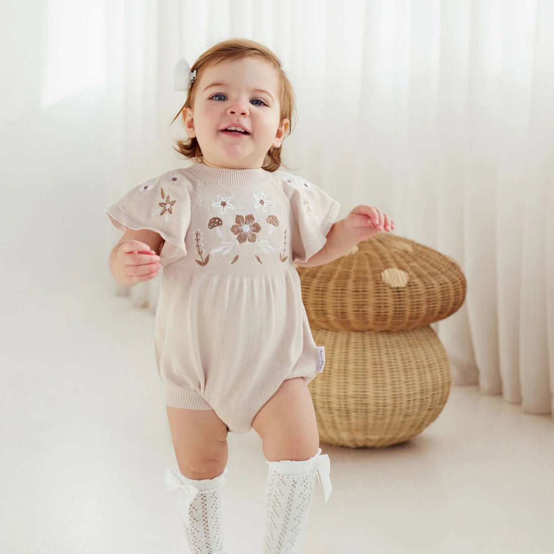FLORAL EMBROIDERED OAT KNIT ROMPER || Sand | Aster & Oak