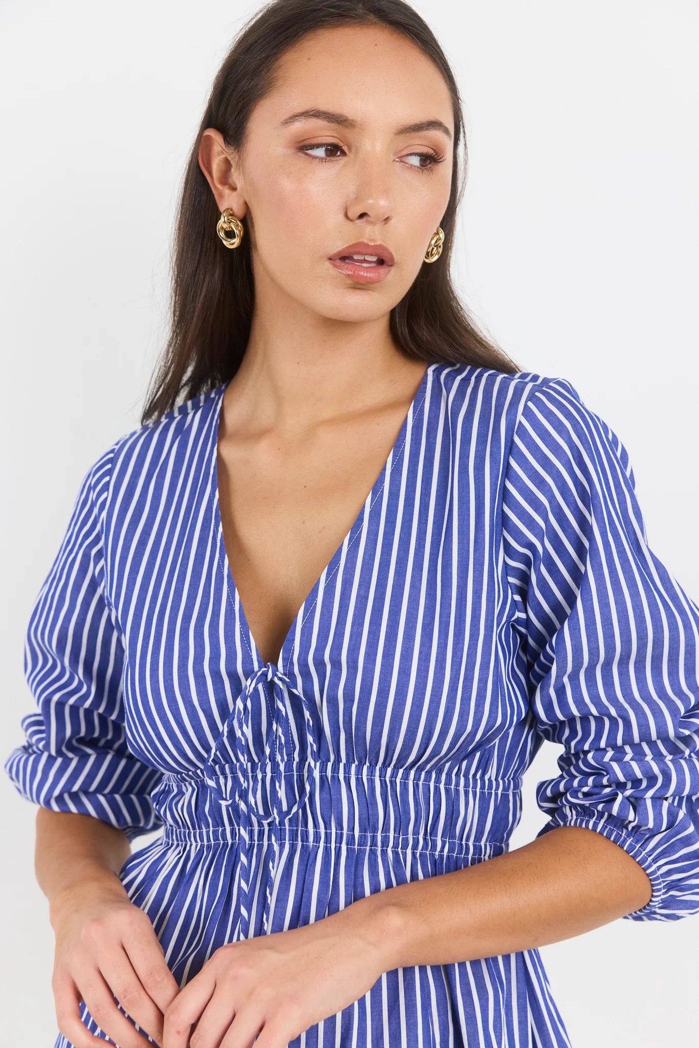 Belief Blue Stripe V Neck Fit and Flare Long Sleeve Top - Blue Stripe | Ivy + Jack