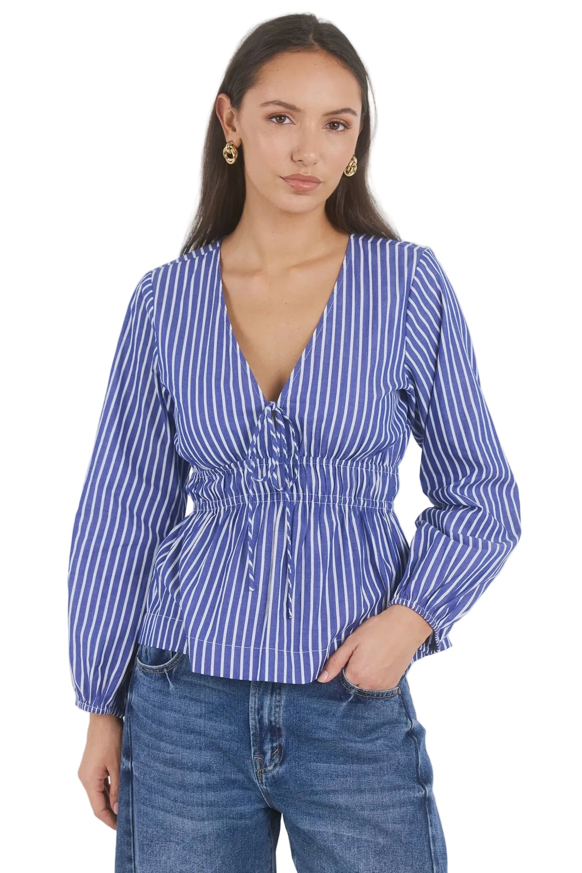 Belief Blue Stripe V Neck Fit and Flare Long Sleeve Top - Blue Stripe | Ivy + Jack