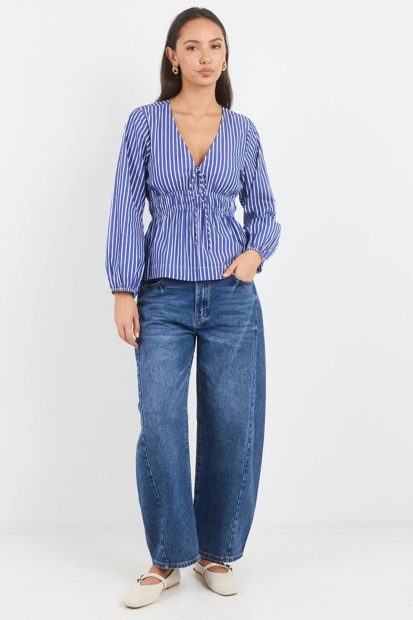 Belief Blue Stripe V Neck Fit and Flare Long Sleeve Top - Blue Stripe | Ivy + Jack