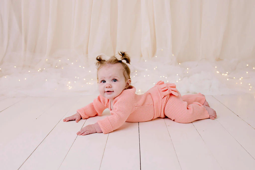 Frilly Ribbed Knit Bodysuit || Peach | Confetti Kidz