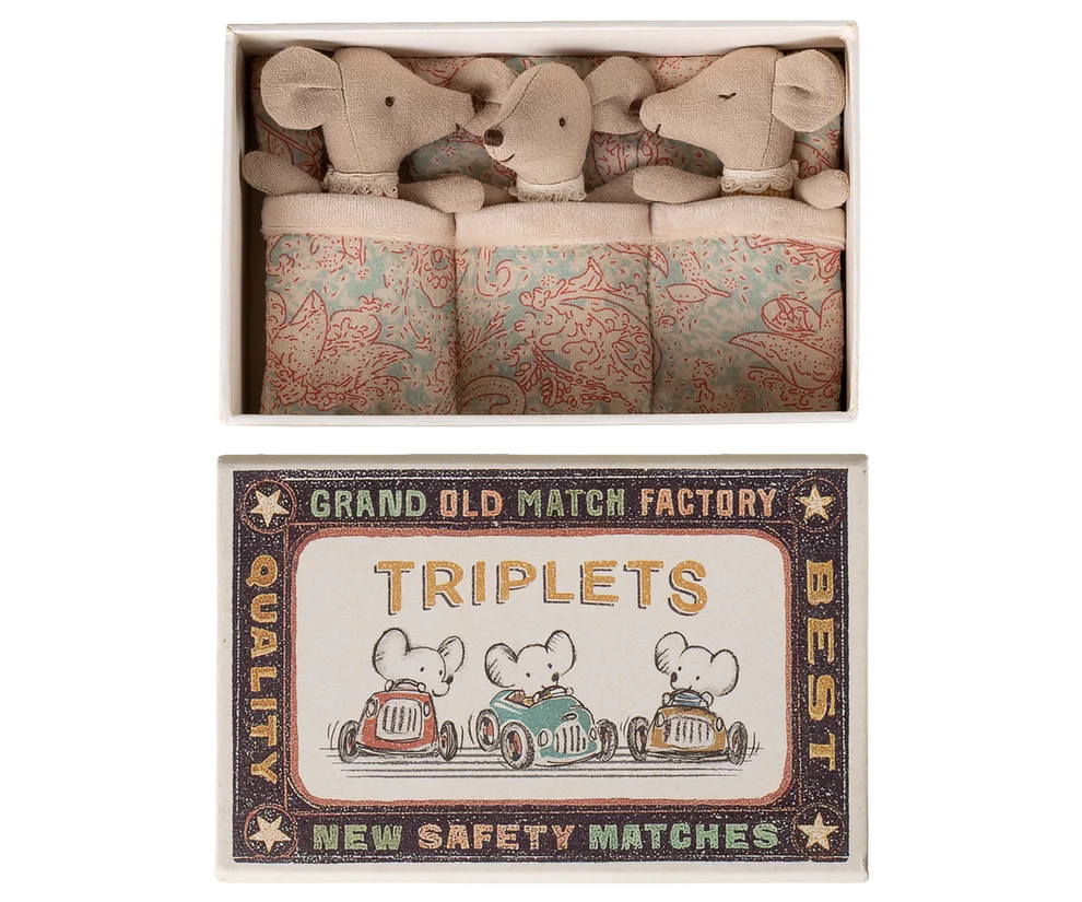 Triplets Baby Mice in Matchbox Checker | Maileg