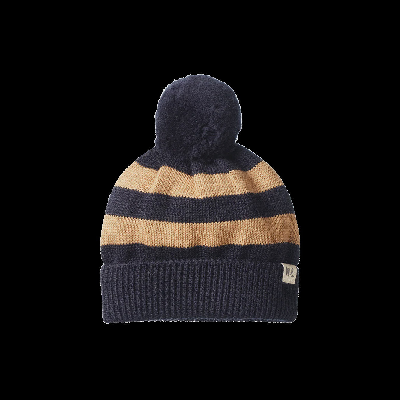 Alpine Pom Pom Beanie - Navy/Caramel Stripe | Nature Baby