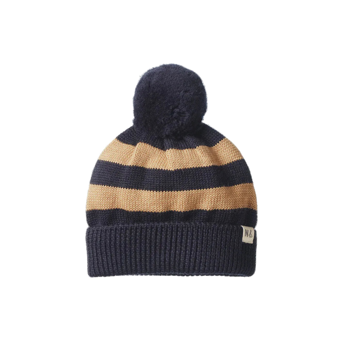 Alpine Pom Pom Beanie - Navy/Caramel Stripe | Nature Baby