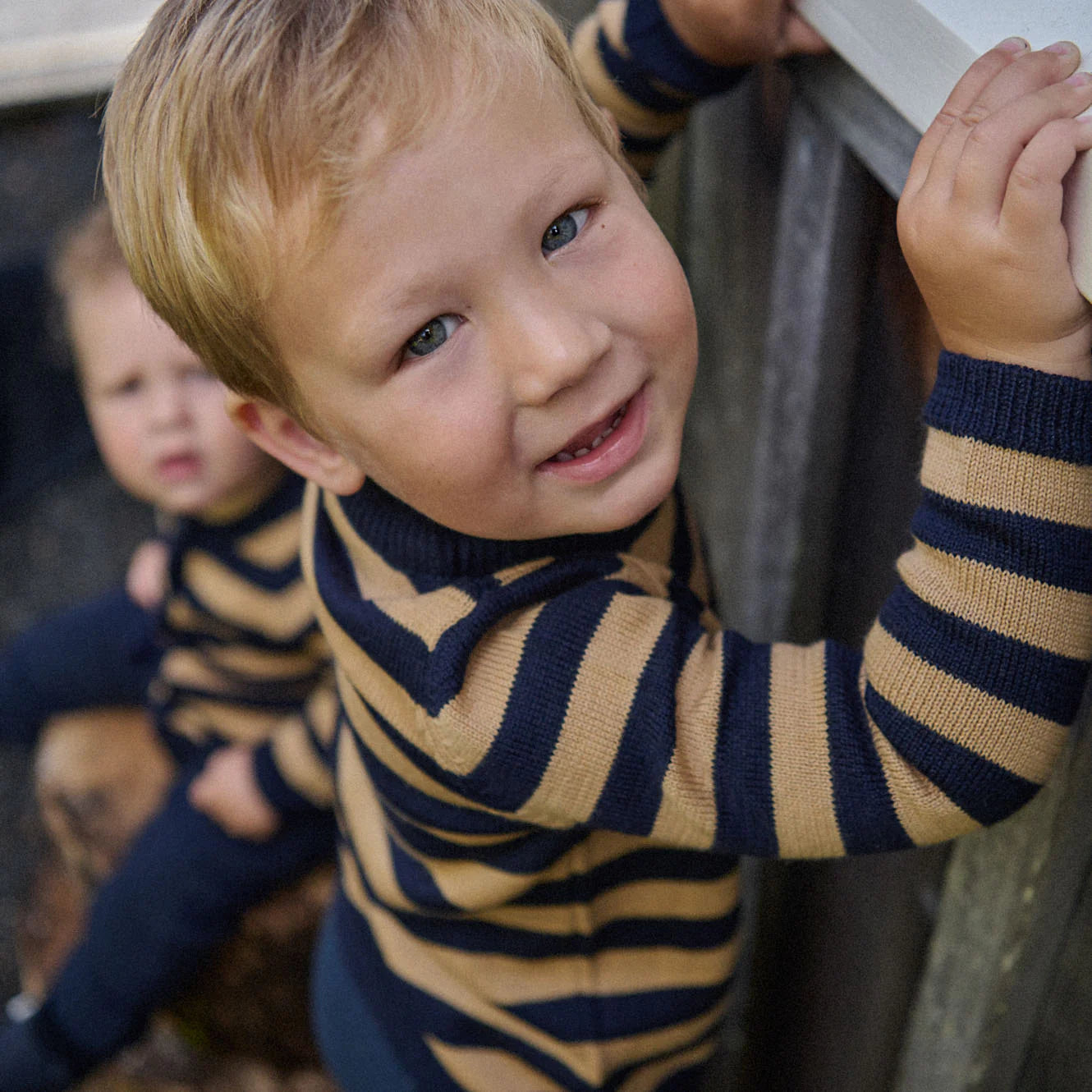 MERINO KNIT PULLOVER - Navy/Caramel Stripe | Nature Baby
