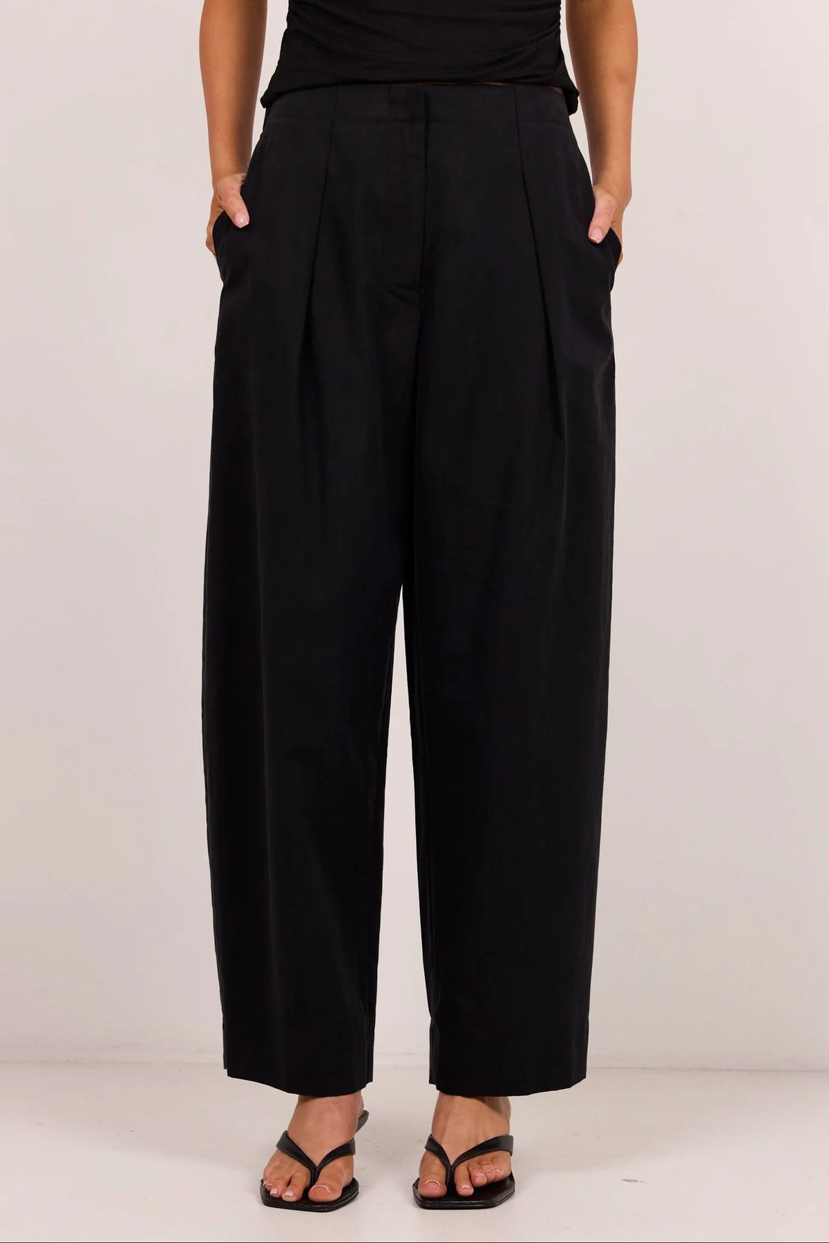 Manifesto Black Front Pleat Barrel Leg Pants | Stories Be Told