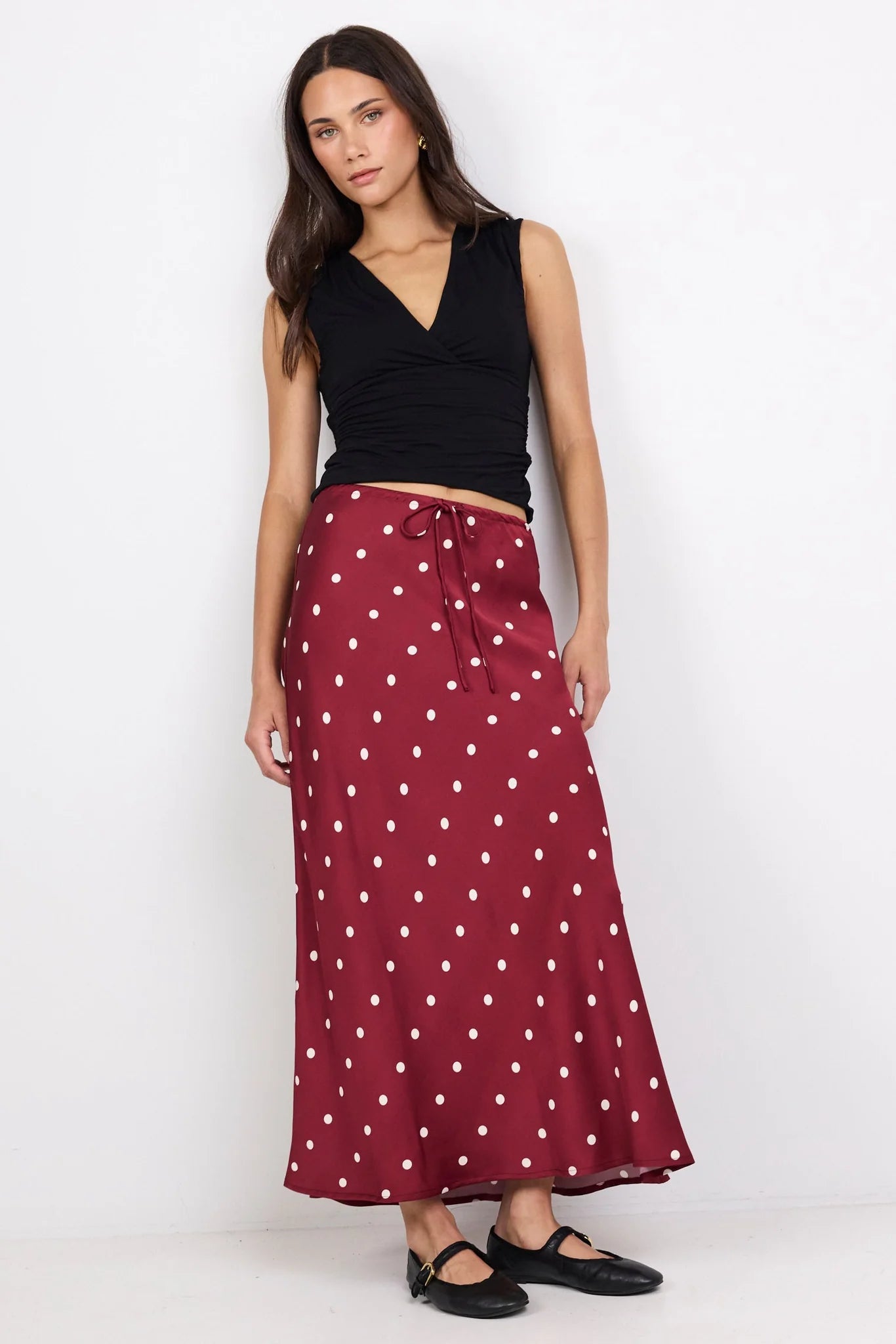 Rarity Wine Cream Polka Dot Satin Tie Waist Bias Maxi Skirt | Stories Be Told