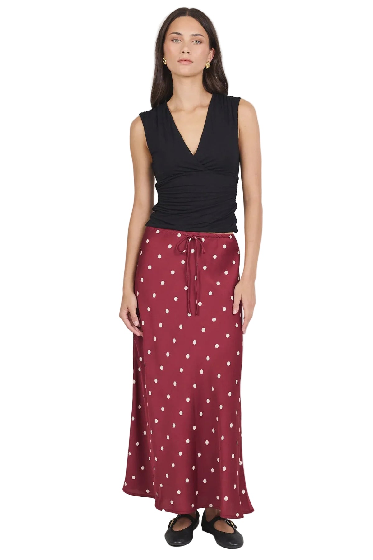 Rarity Wine Cream Polka Dot Satin Tie Waist Bias Maxi Skirt | Stories Be Told