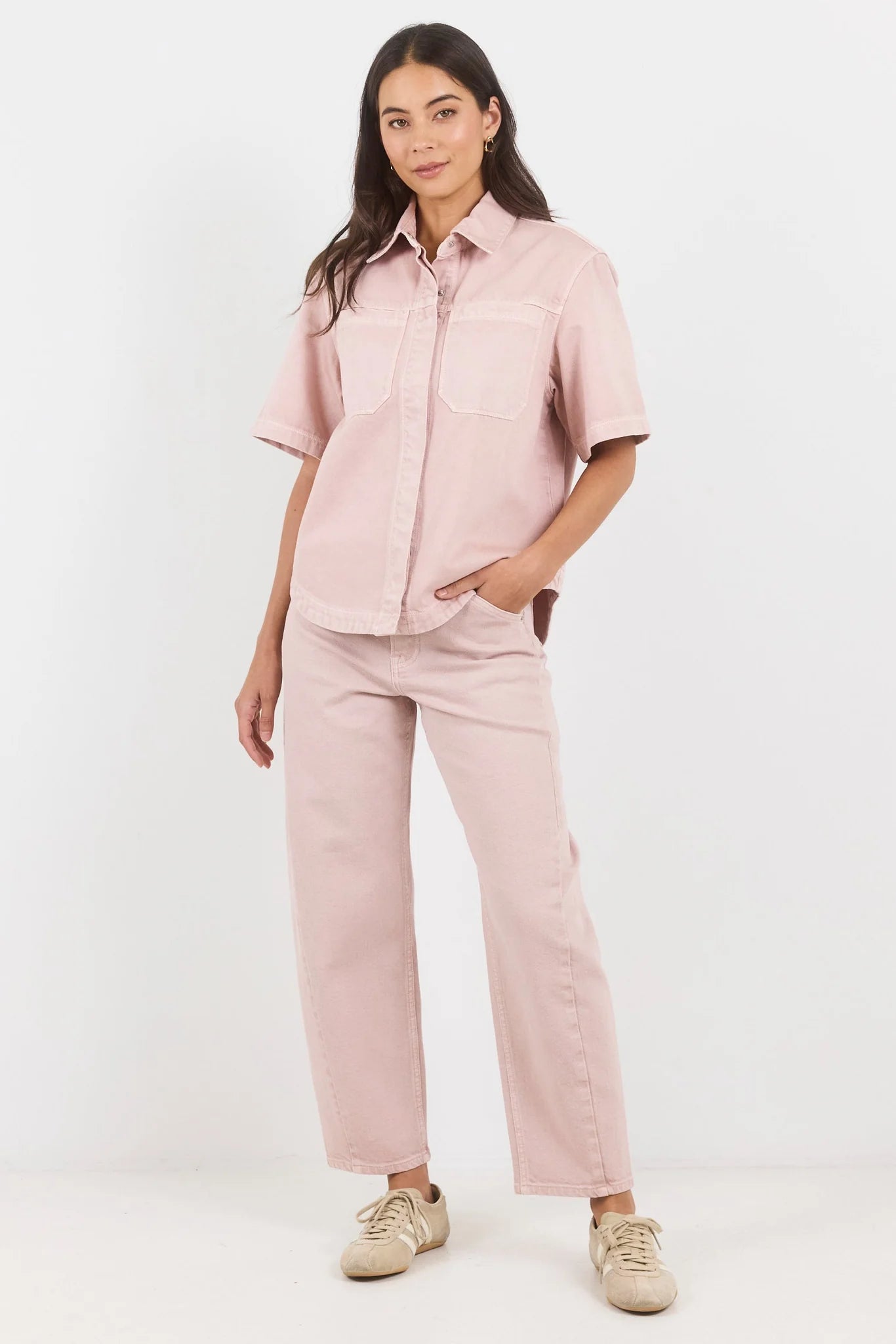 Idolise Pale Pink Stretch Soft Barrel Jean - Pale Pink | Stories Be Told