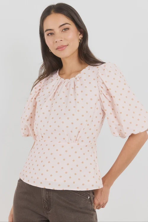 Eventual Blush Polka Dot Mid Sleeve Fit and Flare Top - Blush Polka Dot | Stories Be Told