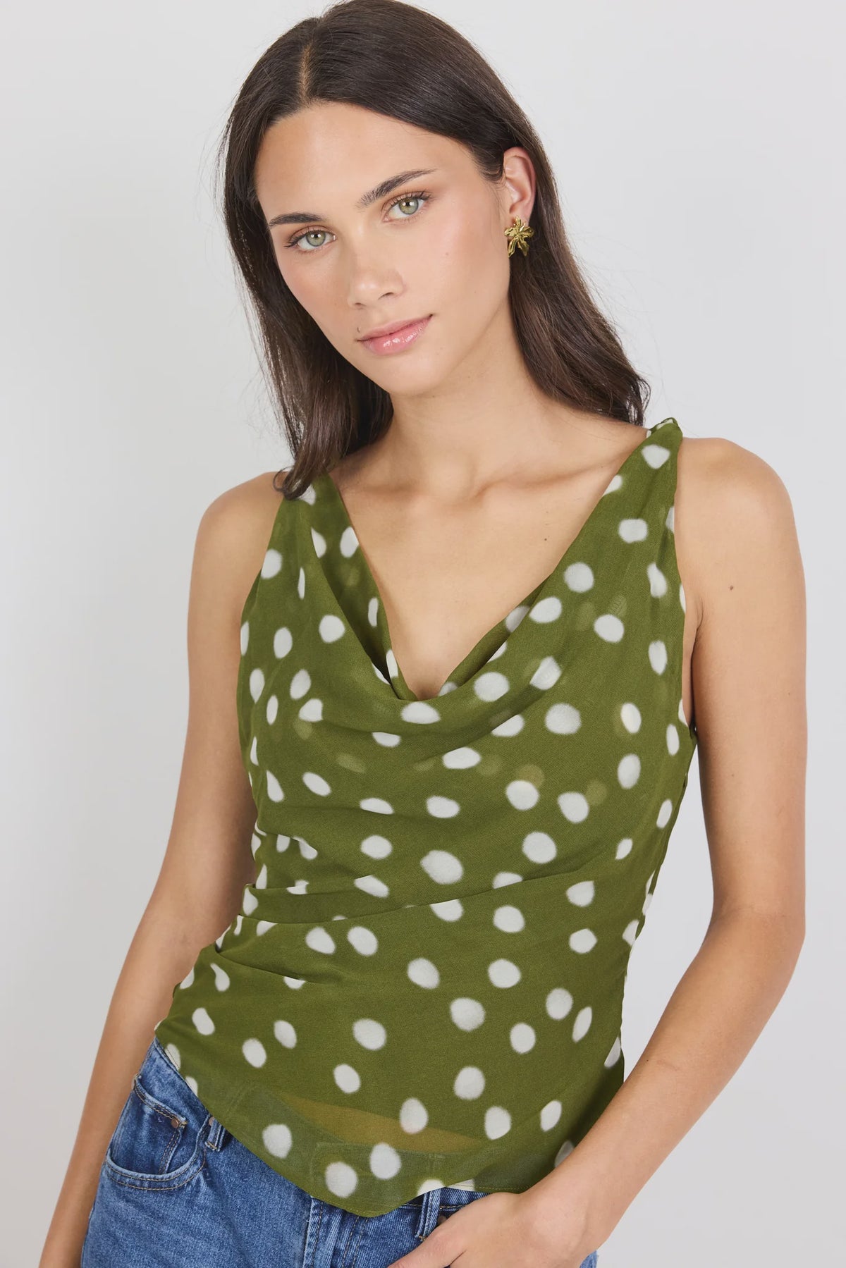 Fruitful Olive Polka Dot Georgette Tie Back Bias Slip Top | Georgia Zoe