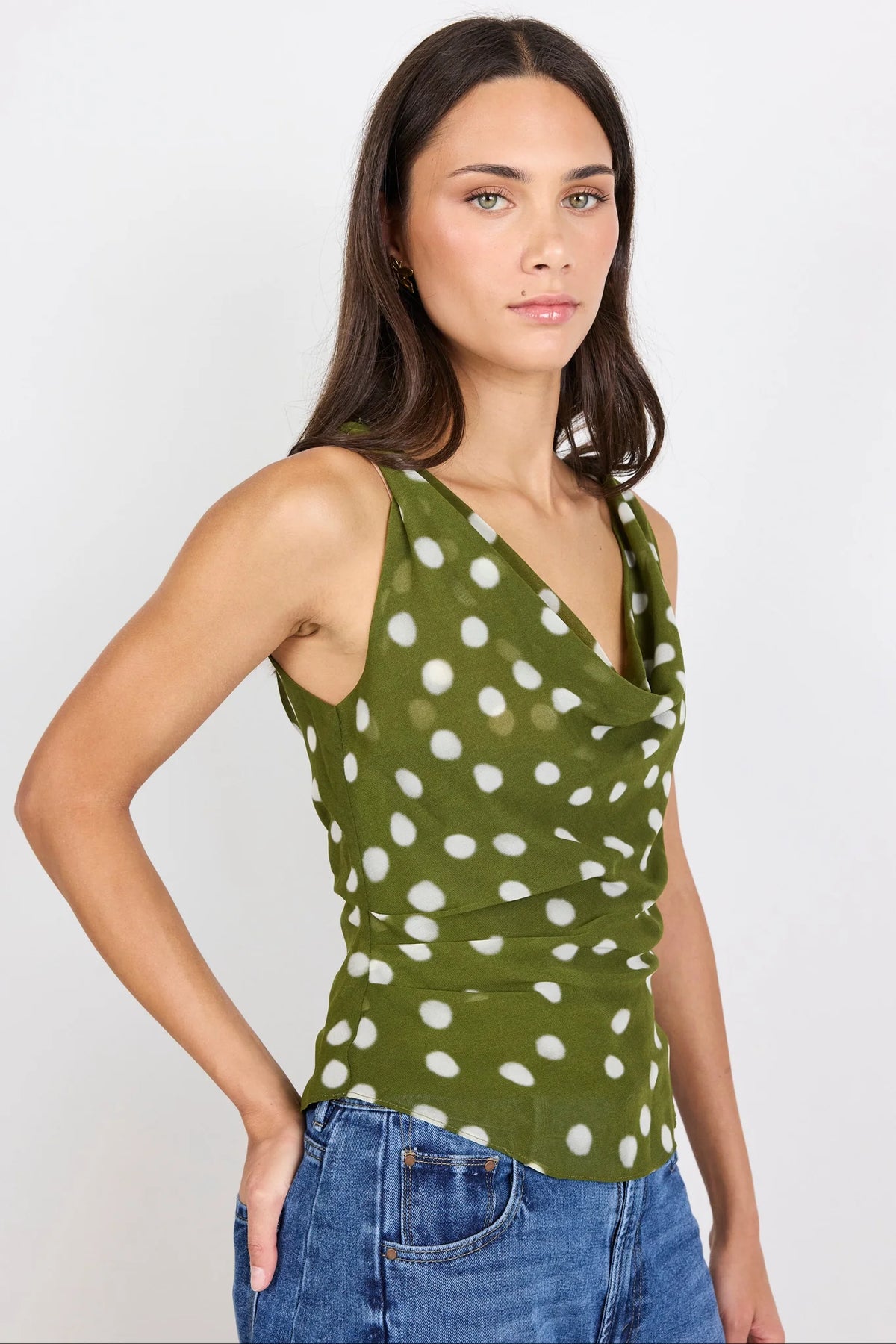 Fruitful Olive Polka Dot Georgette Tie Back Bias Slip Top | Georgia Zoe