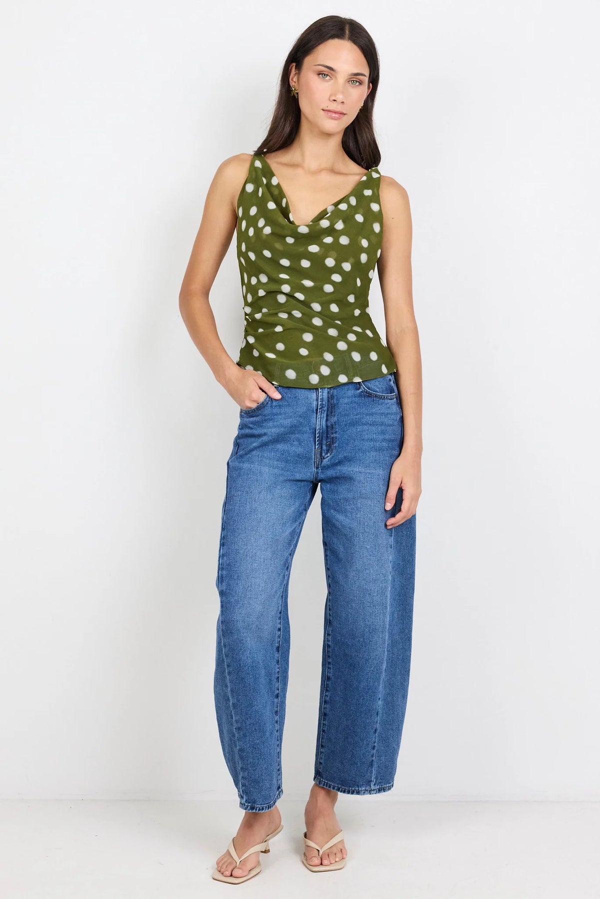 Fruitful Olive Polka Dot Georgette Tie Back Bias Slip Top | Georgia Zoe