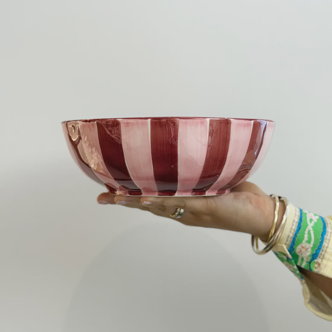 Ceramic Salad Bowl - Pink & Burgundy Stripe | Noss & Co