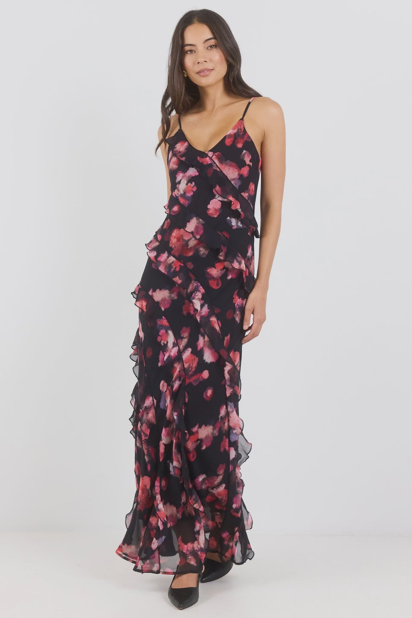 Galore Black Pink Abstract Print Bias Ruffle Slip Maxi Dress / Black Pink Abstract Print | Georgia Zoe