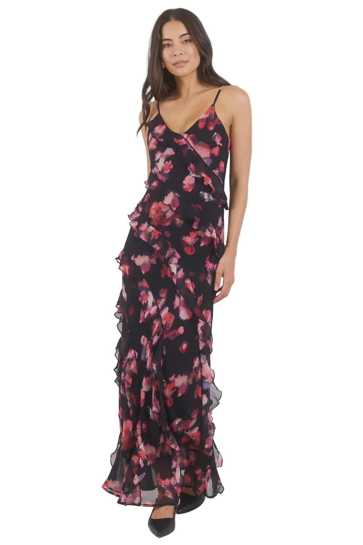 Galore Black Pink Abstract Print Bias Ruffle Slip Maxi Dress / Black Pink Abstract Print | Georgia Zoe