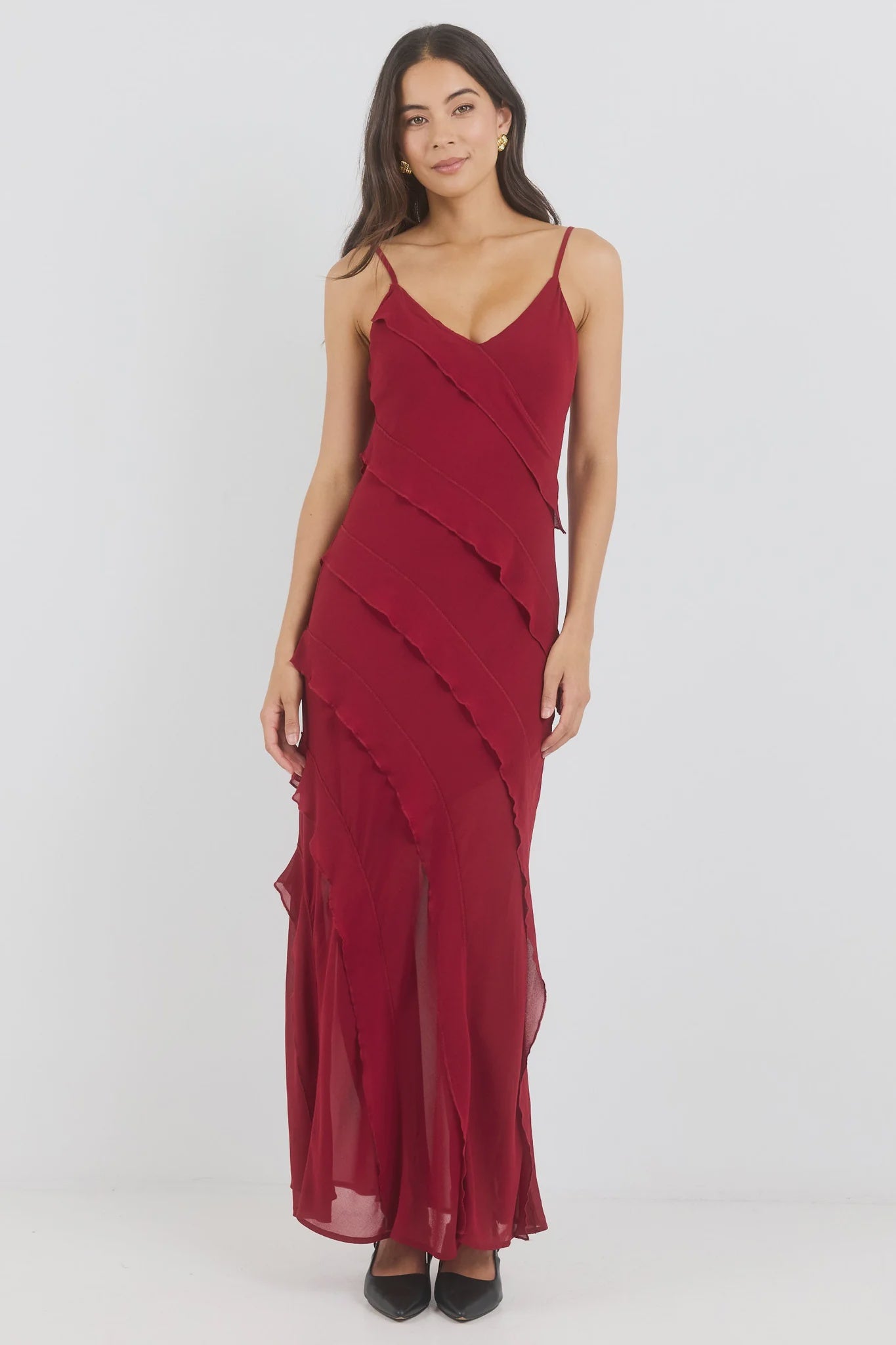 Galore Dark Red Georgette Bias Ruffle Slip Maxi Dress / Dark Red | Georgia Zoe