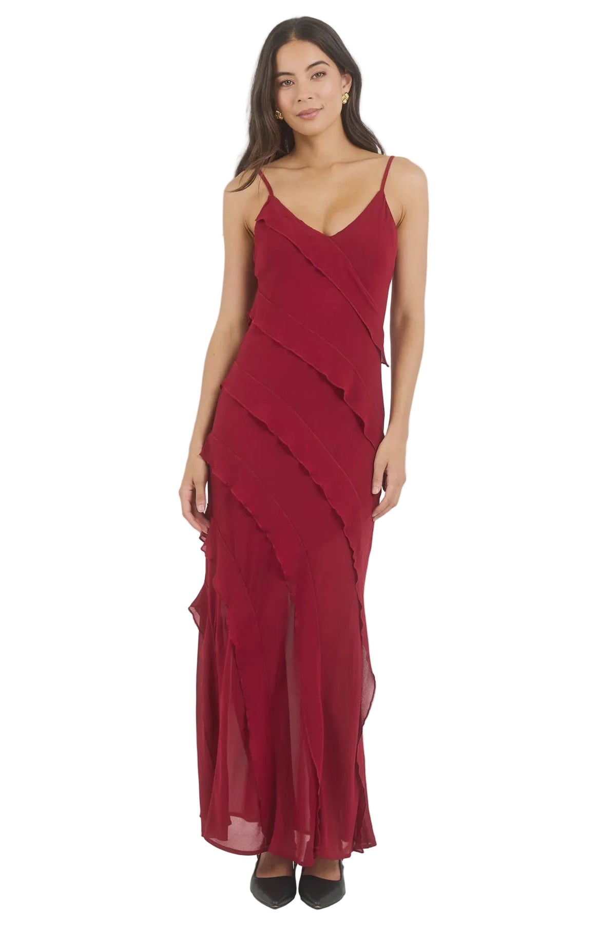 Galore Dark Red Georgette Bias Ruffle Slip Maxi Dress / Dark Red | Georgia Zoe