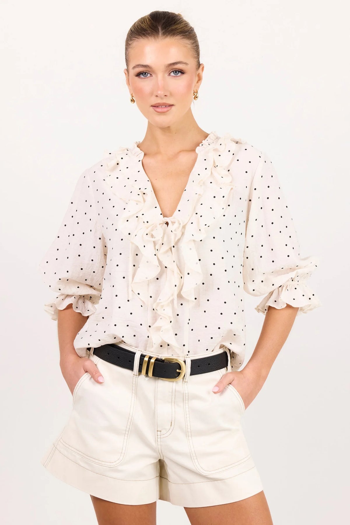 Garnish Cream Black Polka Dot Frill Front Mid Sleeve Top | Ivy + Jack