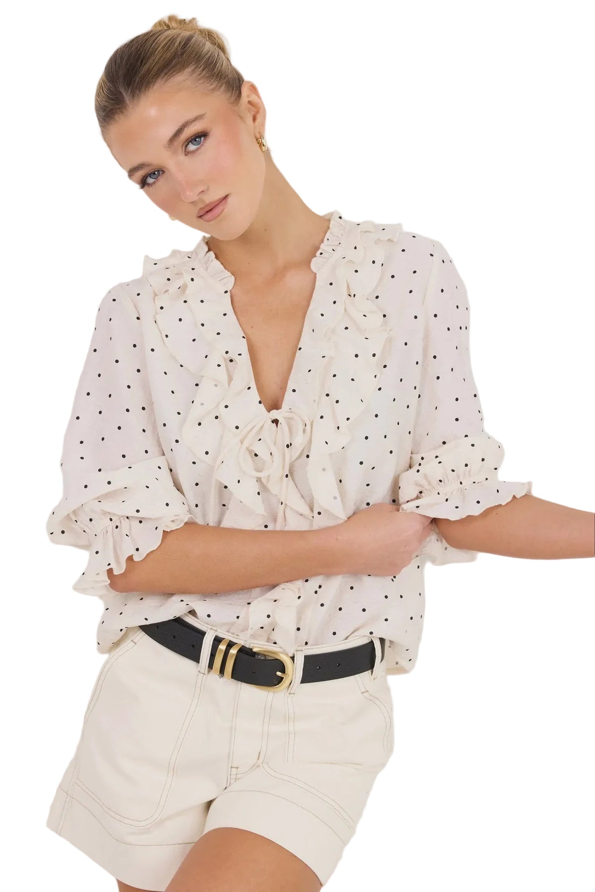 Garnish Cream Black Polka Dot Frill Front Mid Sleeve Top | Ivy + Jack