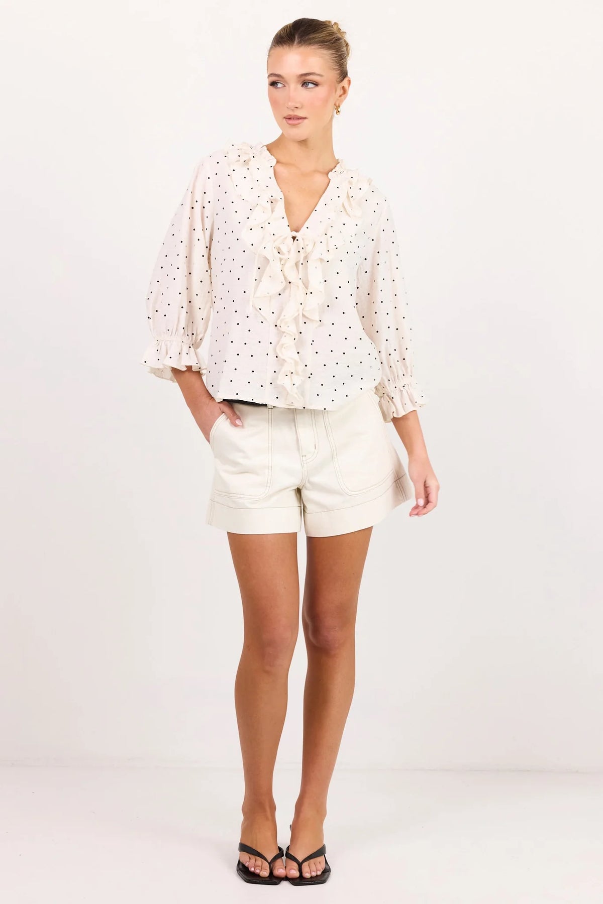 Garnish Cream Black Polka Dot Frill Front Mid Sleeve Top | Ivy + Jack