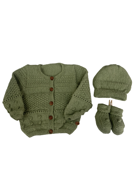 0-6M Pistachio Alpaca Cardigan + Hat + Booties Set | Ida & Ish