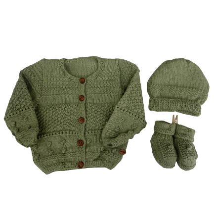 0-6M Pistachio Alpaca Cardigan + Hat + Booties Set | Ida & Ish
