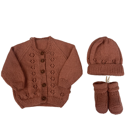 0-3M Peach Alpaca Cardigan + Hat + Booties Set | Ida & Ish