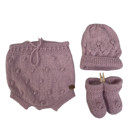 0-3M Pink Alpaca Bloomers + Hat + Booties Set | Ida & Ish