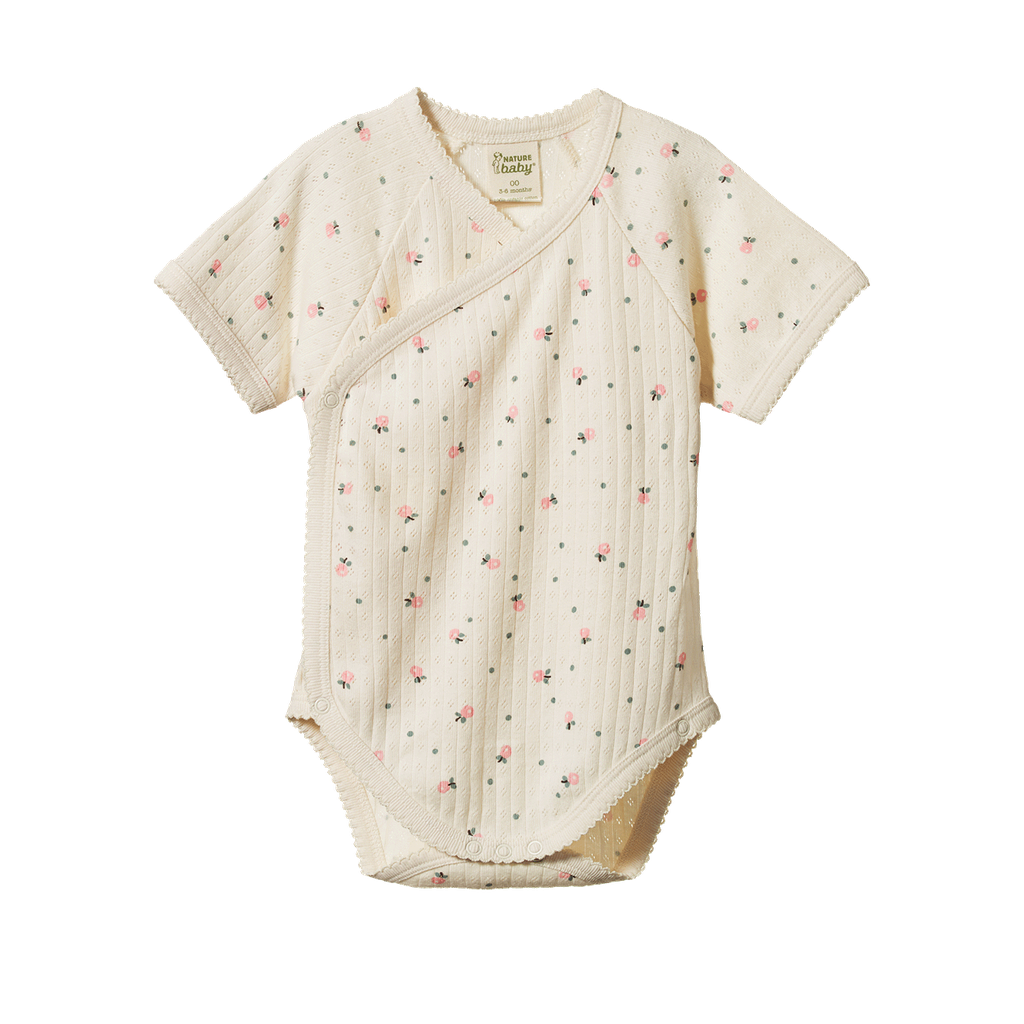 SHORT SLEEVE KIMONO BODYSUIT POINTELLE. Posey Blossom Print | Nature Baby