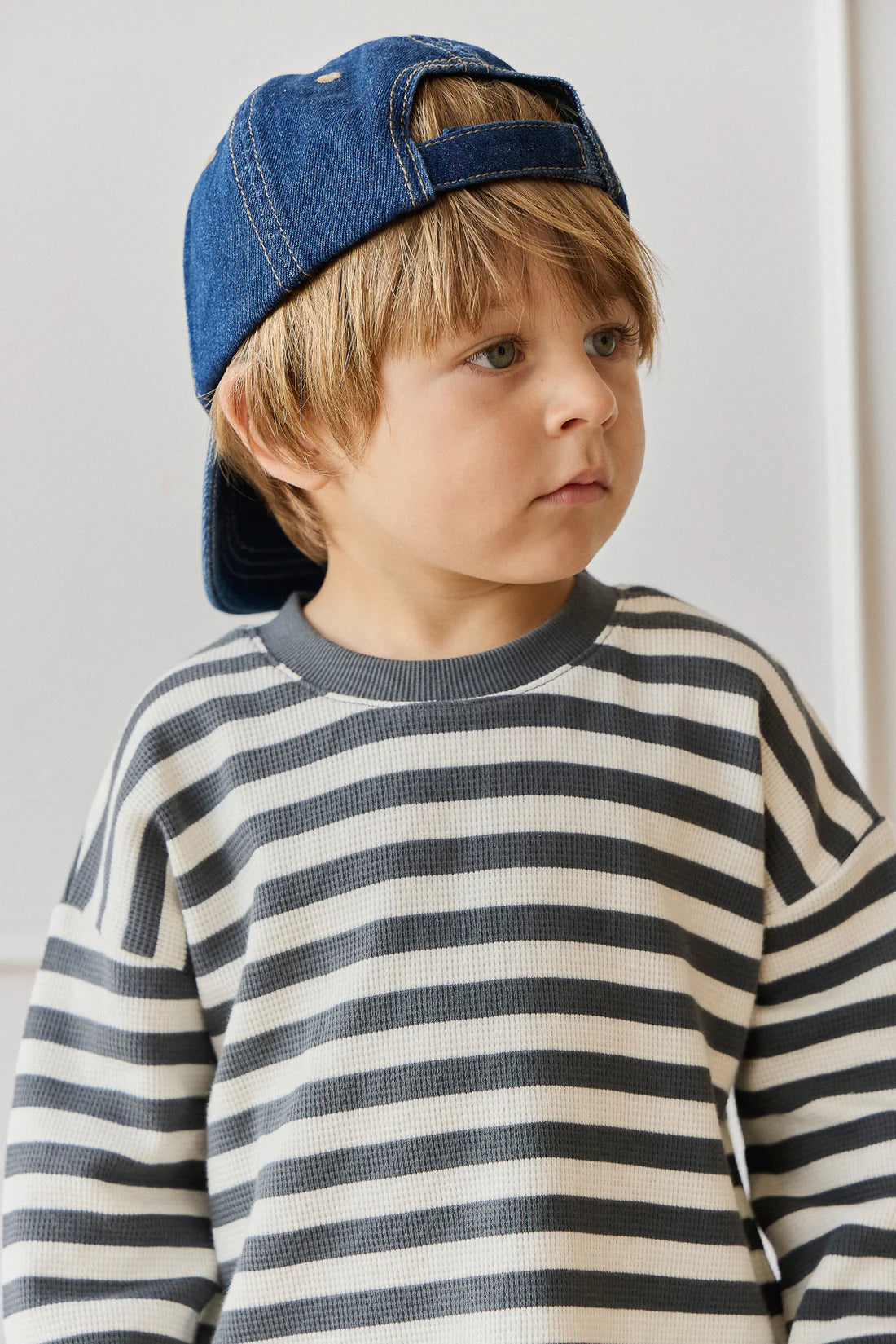 Organic Cotton Waffle Leith Long Sleeve Top - Oliver Stripe Atlantic/Cloud | Jamie Kay