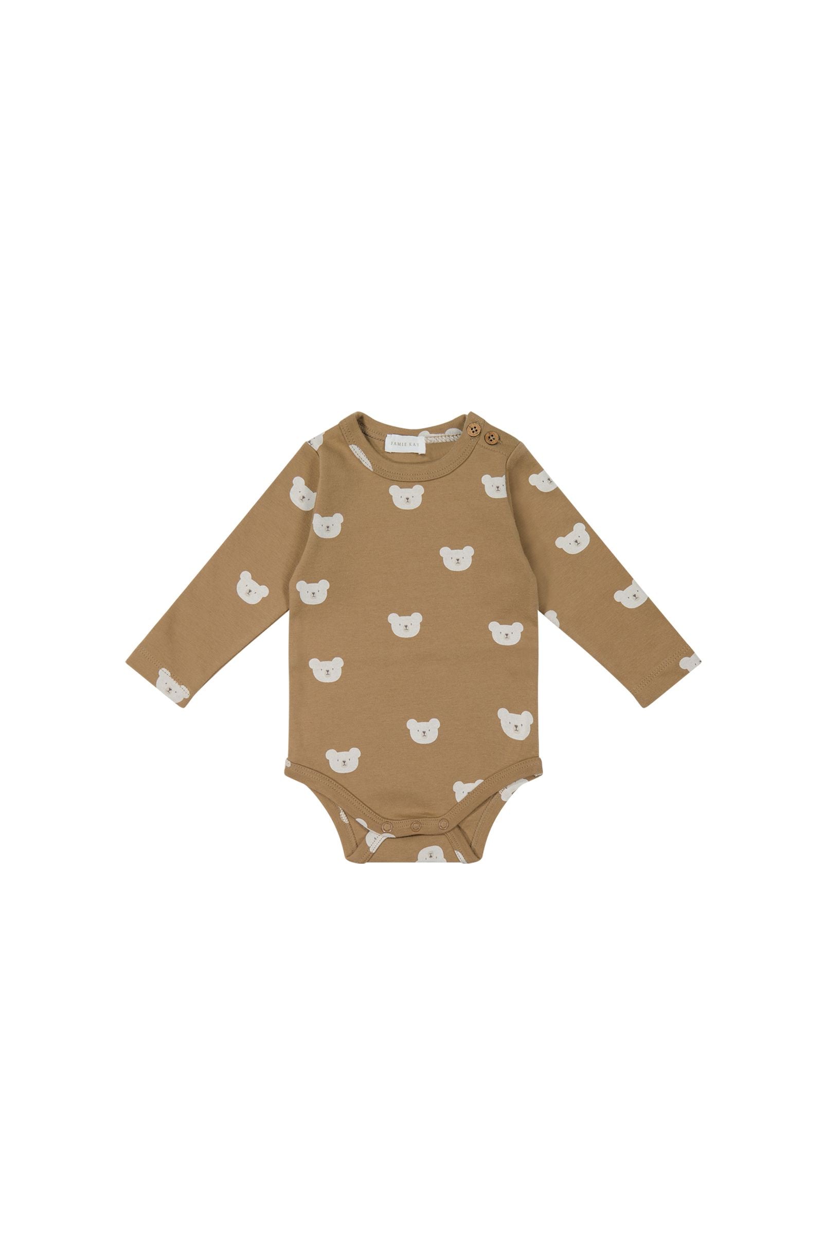 Organic Cotton Fernley Long Sleeve Bodysuit - Bears Caramel Cream | Jamie Kay