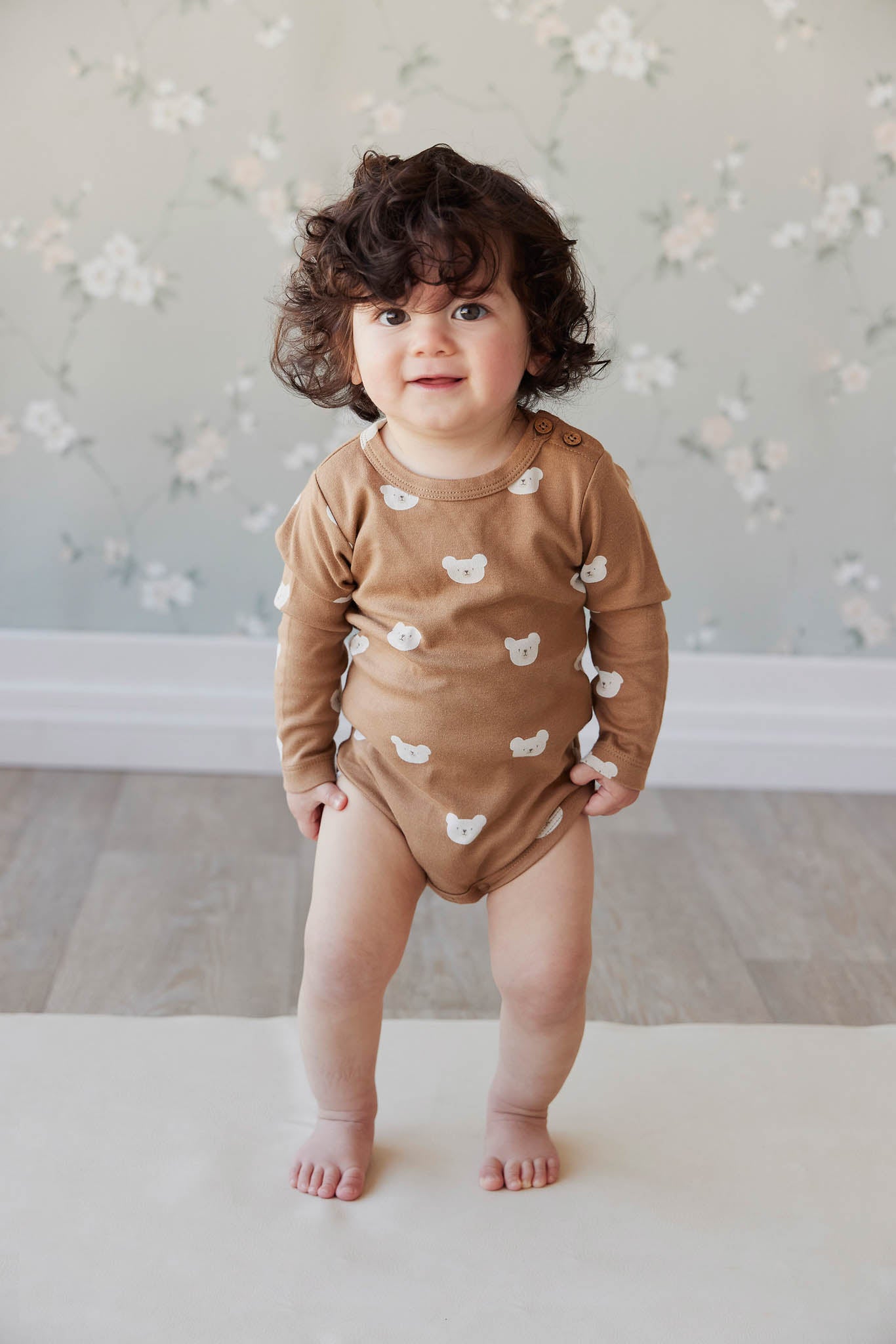 Organic Cotton Fernley Long Sleeve Bodysuit - Bears Caramel Cream | Jamie Kay