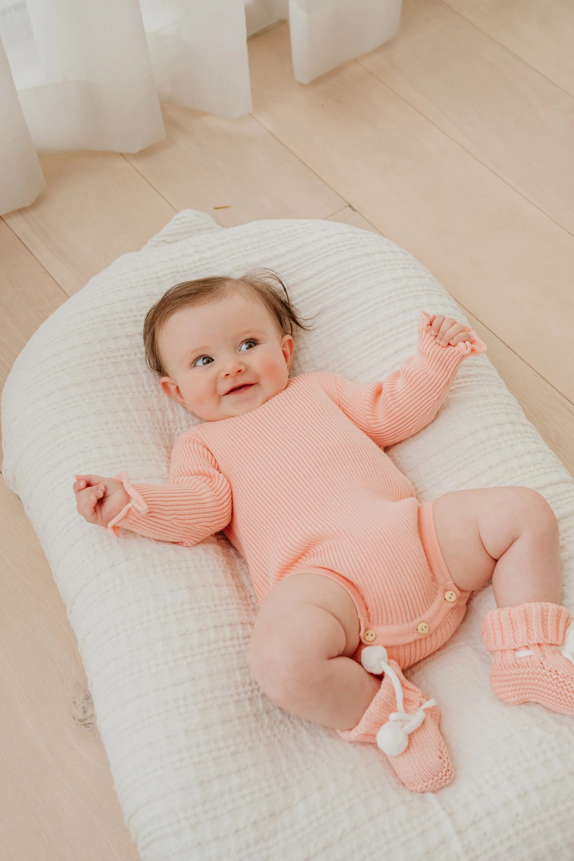 Frilly Ribbed Knit Bodysuit || Peach | Confetti Kidz