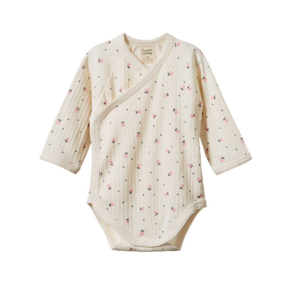 LONG SLEEVE KIMONO BODYSUIT POINTELLE. Posey Blossom Print | Nature Baby
