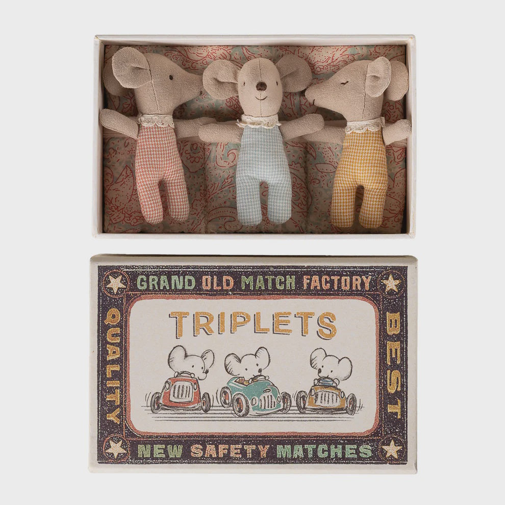 Triplets Baby Mice in Matchbox Checker | Maileg
